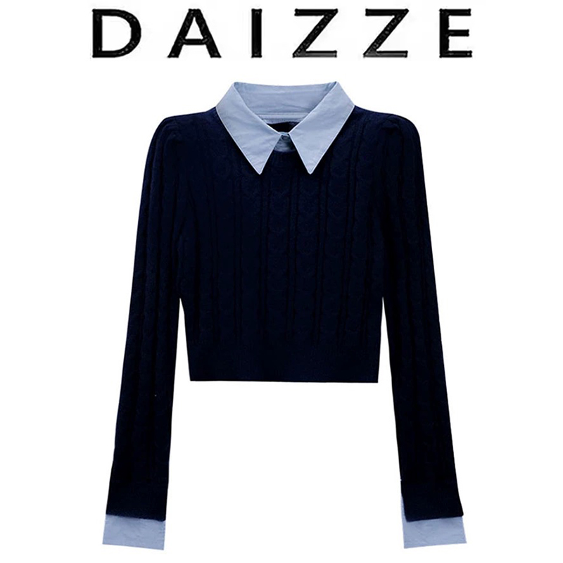 DAIZZE~新款文艺撞色假两件翻领套头针织衫修身显瘦短款长袖上衣