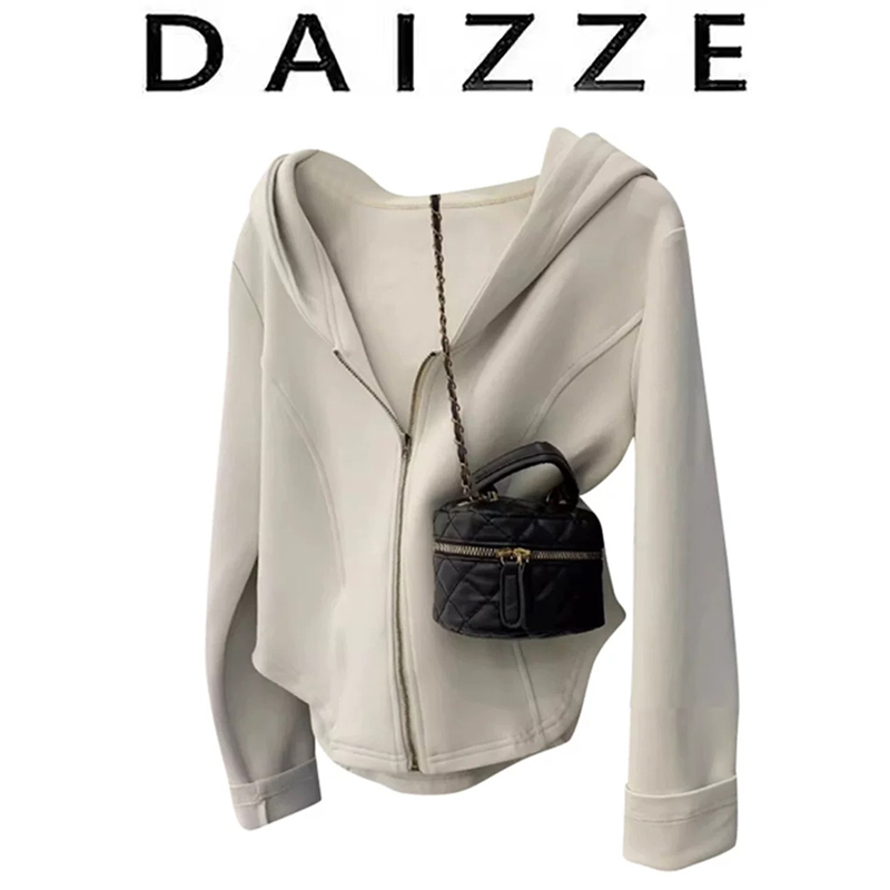 DAIZZE~正肩纯色休闲拉链连帽卫衣开衫2025秋运动小个子上衣外套