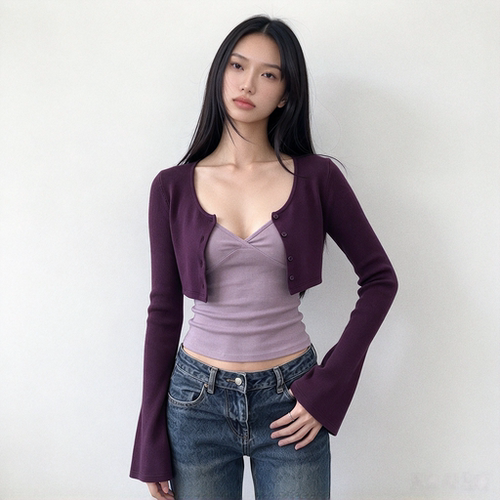 韩系紫色长袖套装女开衫叠穿吊带