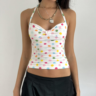 Amyway 复古纯欲风波点印花吊带性感辣妹挂脖露背吊带 甜辣少女