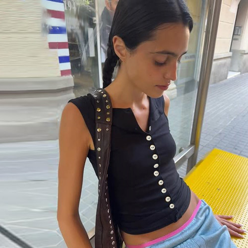 【美式辣妹】复古黑色纽扣背心
