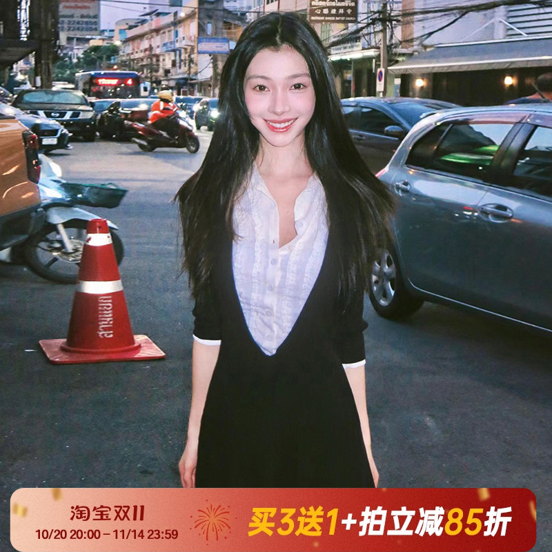 韩系辣妹复古衬衫领拼接连衣裙