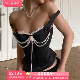 甜美少女纯欲珍珠链条拼接吊带蝴蝶结后背绑带束腰背心 Amyway法式