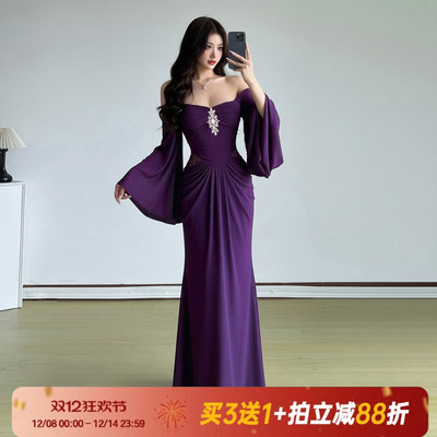 【安娜女神】一字肩喇叭袖长裙