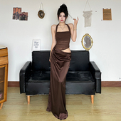 Amyway 性感褶皱挂脖吊带辣妹低腰显瘦包臀长裙套装 法式 宴会