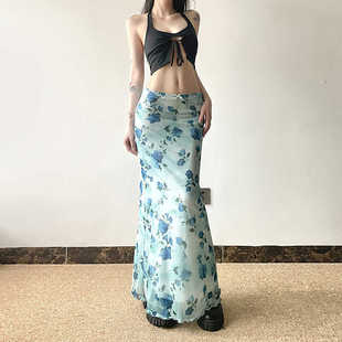 Amyway【人鱼美姬】茶卡古盐蓝鸢花卉印花氛围感网纱长裙包臀裙