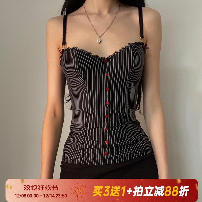 【美式复古】黑白条纹排扣吊带