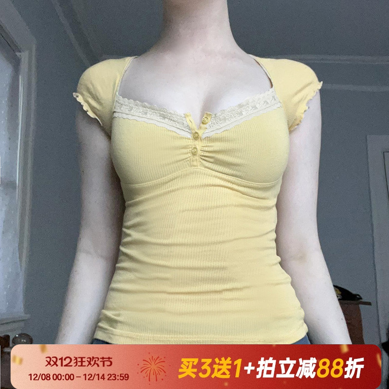 Amyway多巴胺黄色蕾丝拼接T恤