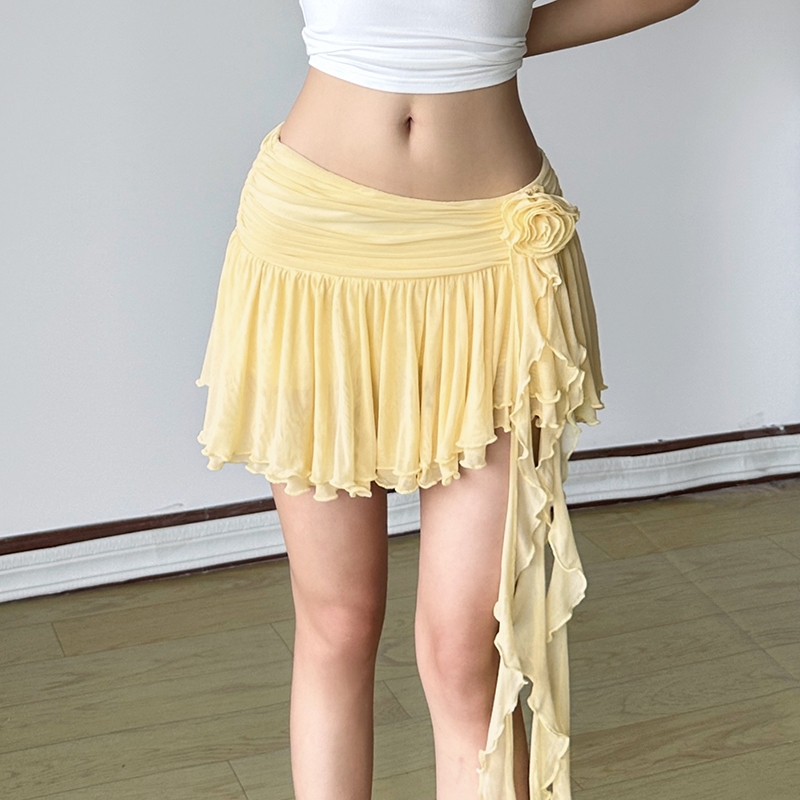 Amyway【夏日少女】多巴胺黄色立体花朵褶皱半身裙飘带网纱短裙女