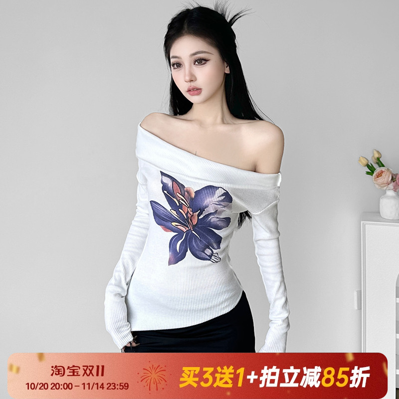 Amyway【紫丁花开】复古百搭典雅花卉气质一字肩褶皱长袖针织上衣