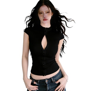 T恤显瘦上衣女 性感黑色半高领镂空设计短袖 Amyway 街头机能风