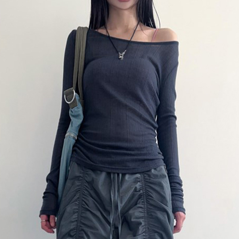 Amyway复古纯色基础露背绑带镂空性感长袖上衣 基础款修身T恤女