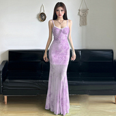 Amyway 迷人曲线 渐变印花雪纺网纱印花蕾丝拼接吊带裙鱼尾裙