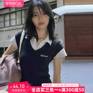 显瘦短款 Amyway韩版 学院风POLO领拼接假两件短袖 T恤女修身 上衣夏