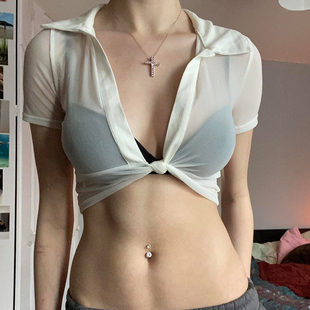 Amyway禁欲系网纱透视扭结系带衬衫 性感深V领超短辣妹外穿上衣女