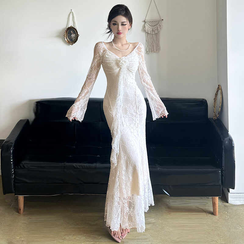 蕾丝拼接网纱长裙花卉纯欲复古