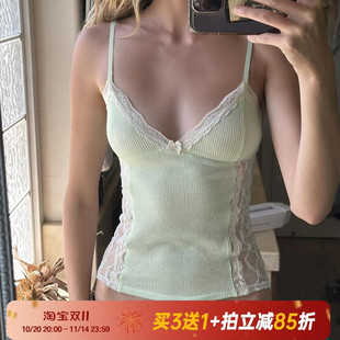 Amywa 纯欲辣妹少女蕾丝拼接吊带背心性感V领辣妹上衣 薄荷曼波
