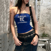 法式 Amyway 街头辣妹 复古字母印花抹胸性感褶皱内搭露背上衣女