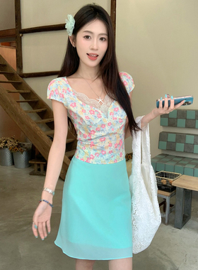 Amyway【夏日青提】法式复古碎花拼接蕾丝短袖+绿色网纱半身裙