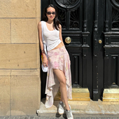 Amyway 海岛少女 纯欲辣妹网纱短裙碎花拼接飘逸感不规则半身裙