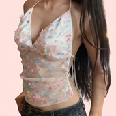 度假风 Amyway 法式 晕染花卉碎花刺绣挂脖吊带露背绑带V领背心