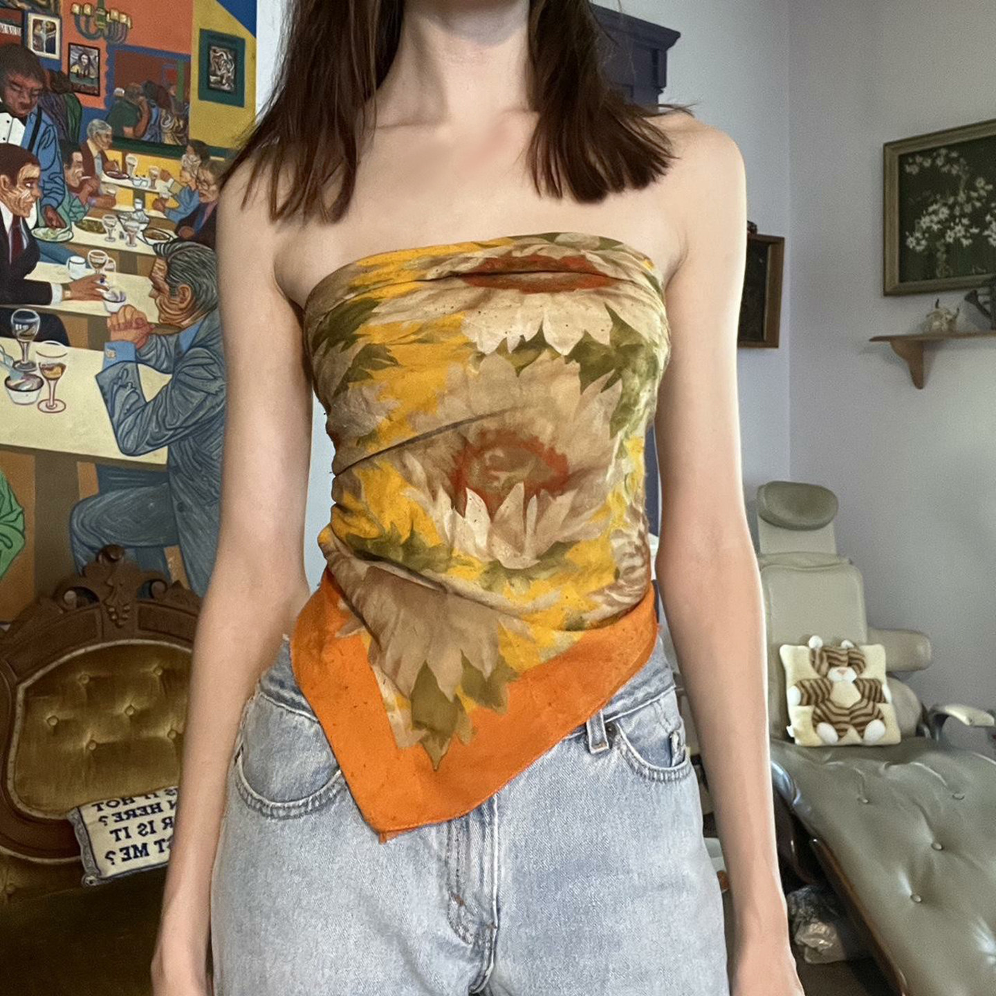 Amyway【梵高油画】美式复古小众扎染印花抹胸性感撞色三角巾上衣,女装/女士精品,背心吊带,淘宝优惠券,粉丝福利购,淘宝优惠卷