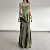 复古小众不规则吊带背心 Amyway 森系绿意 蕾丝拼接鱼尾裙长裙