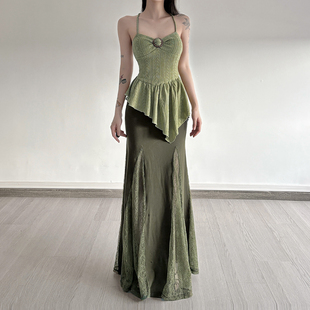 蕾丝拼接鱼尾裙长裙 复古小众不规则吊带背心 Amyway 森系绿意