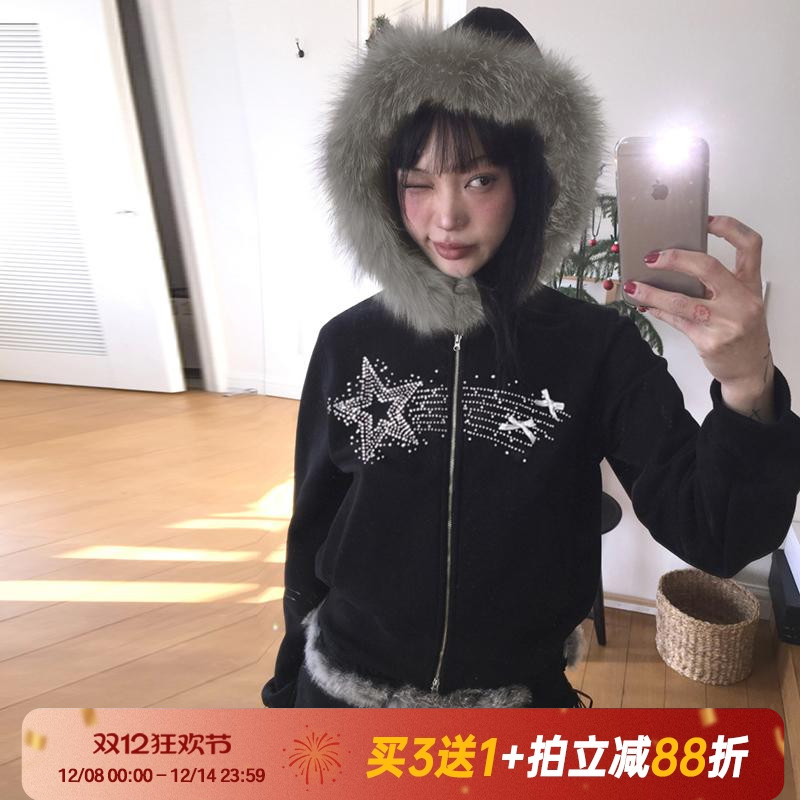 星星印花拉链外套复古毛领卫衣