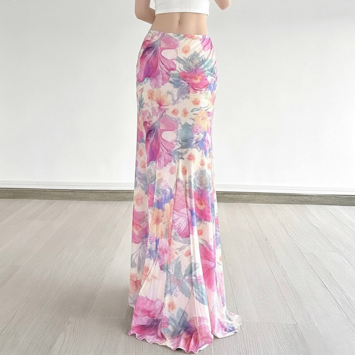 Amyway【格桑花开】油画风花卉印花网纱半身裙女长裙度假风仙女裙