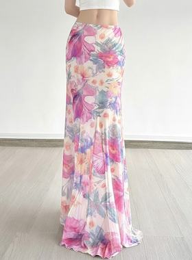 Amyway【格桑花开】油画风花卉印花网纱半身裙女长裙度假风仙女裙