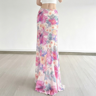 Amyway 油画风花卉印花网纱半身裙女长裙度假风仙女裙 格桑花开