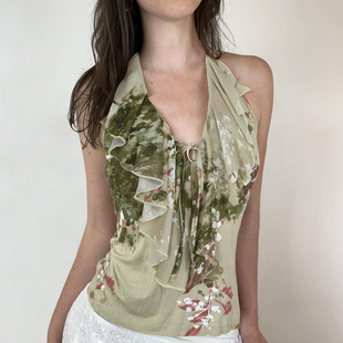 Amyway 度假风波西米亚植物系印花挂脖系带背心上衣 轻氧森系