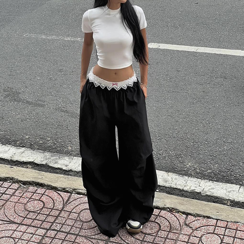 甜酷少女复古拼接腰头休闲裤
