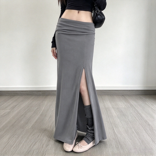 美式街头风翻折腰头半身裙长裙女
