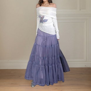 复古甜美艺术生网纱拼接高腰显瘦长裙A字裙 紫韵 Amyway 法式