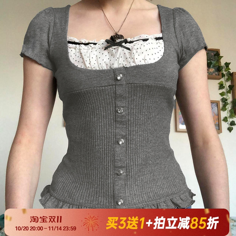 Amyway法式复古花边波点蝴蝶结拼接纽扣上衣 显瘦百搭纯欲风短袖