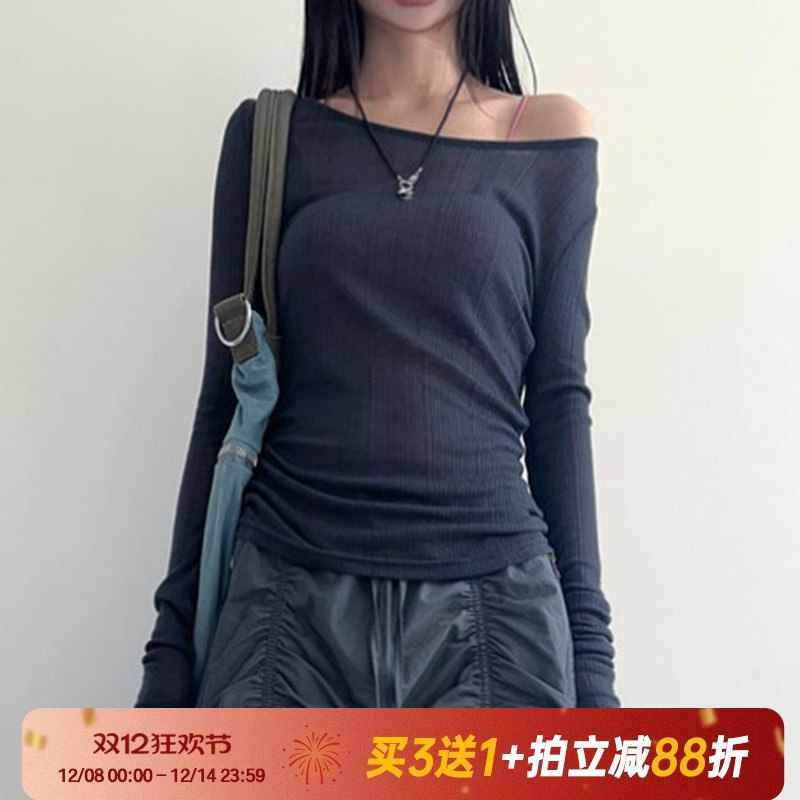 T恤复古纯色露背绑带性感长袖