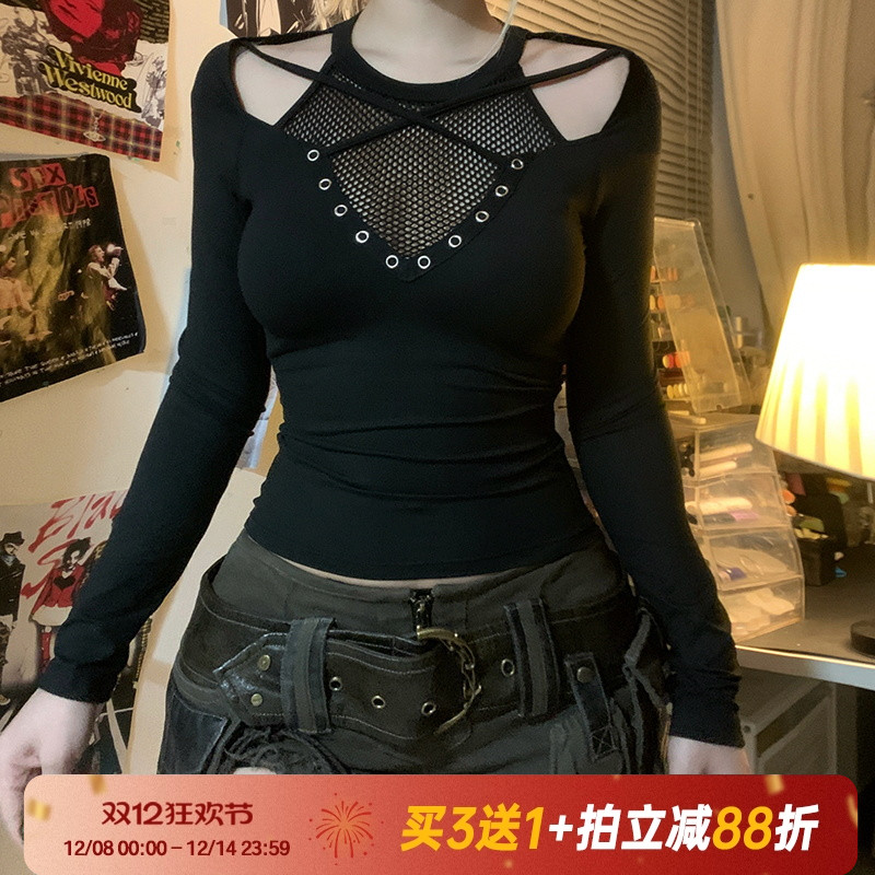 朋克辣妹复古网纱拼接短袖T恤