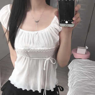 上衣 Amyway纯欲法式 方领蝴蝶结系带短袖 衬衫 小众甜美别致泡泡袖