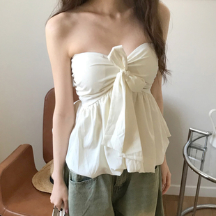 Amyway 少女感减龄蝴蝶结抹胸纯欲性感挂脖上衣背心 法式 甜美