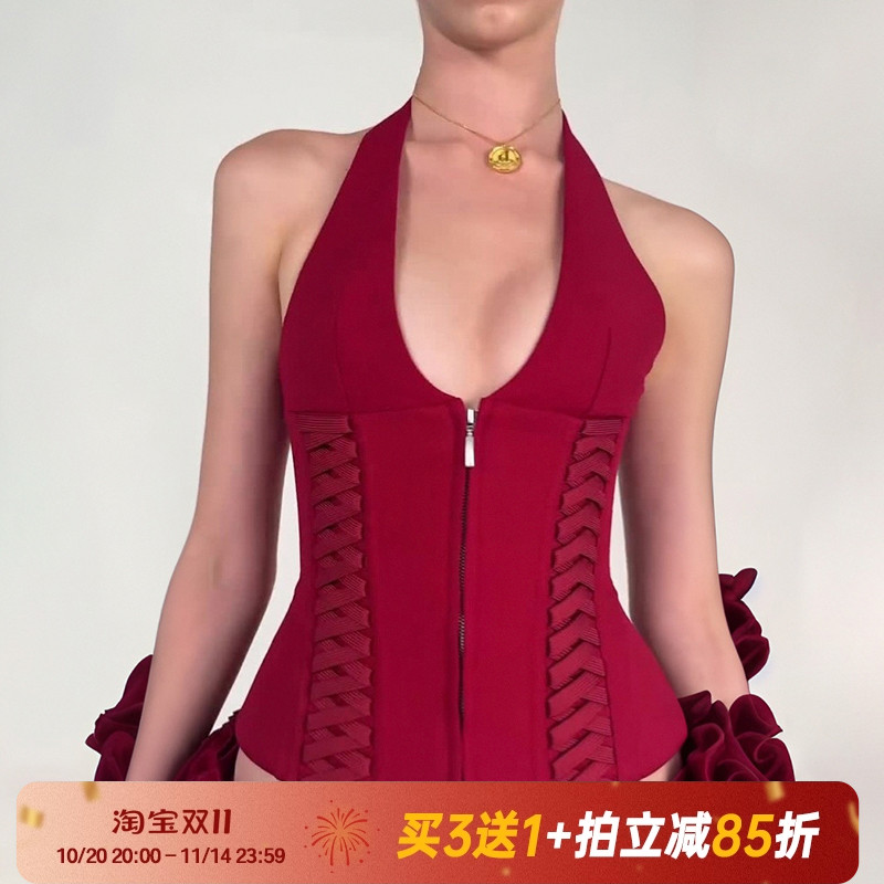 【jennie同款】复古红色V领吊带