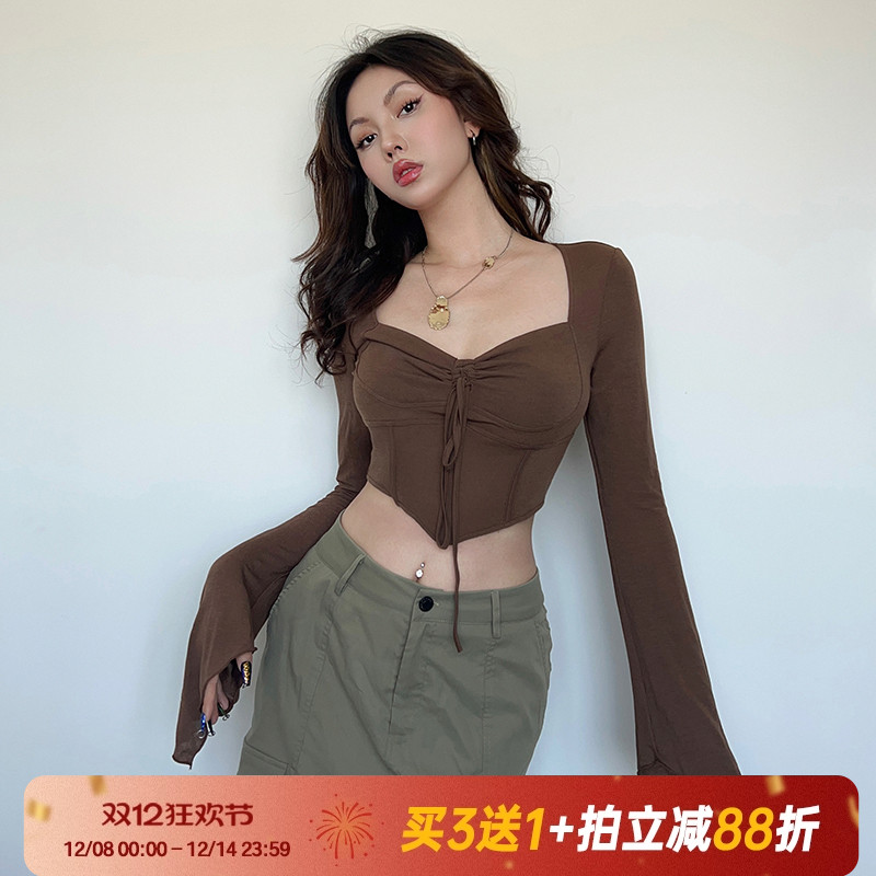 长袖上衣纯欲复古褶皱系带女