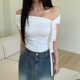 Amyway纯欲风小众ins露肩辣妹短袖 上衣 一字肩百搭绑带褶皱T恤女