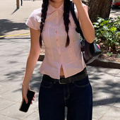 短袖 Amyway 上衣 少女感甜辣系褶皱修身 单排扣翻领衬衫 美式 学院