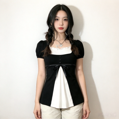 少女风方领系带假两件黑白拼色T