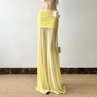 Amyway 纯欲海岛风网纱拼接长裙小众性感垂感包臀裙 雪梨汽水