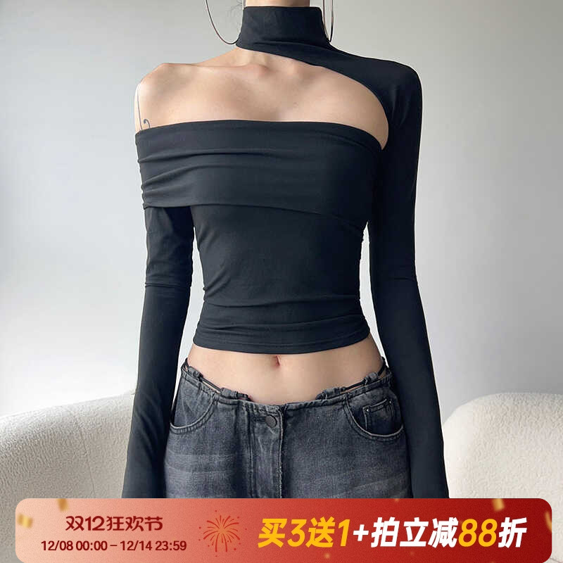 显瘦一字肩露腰镂空修身百搭复古