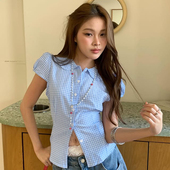 法式 甜美 少女风翻领格纹短袖 Amyway 上衣百搭纽扣收腰系带衬衫