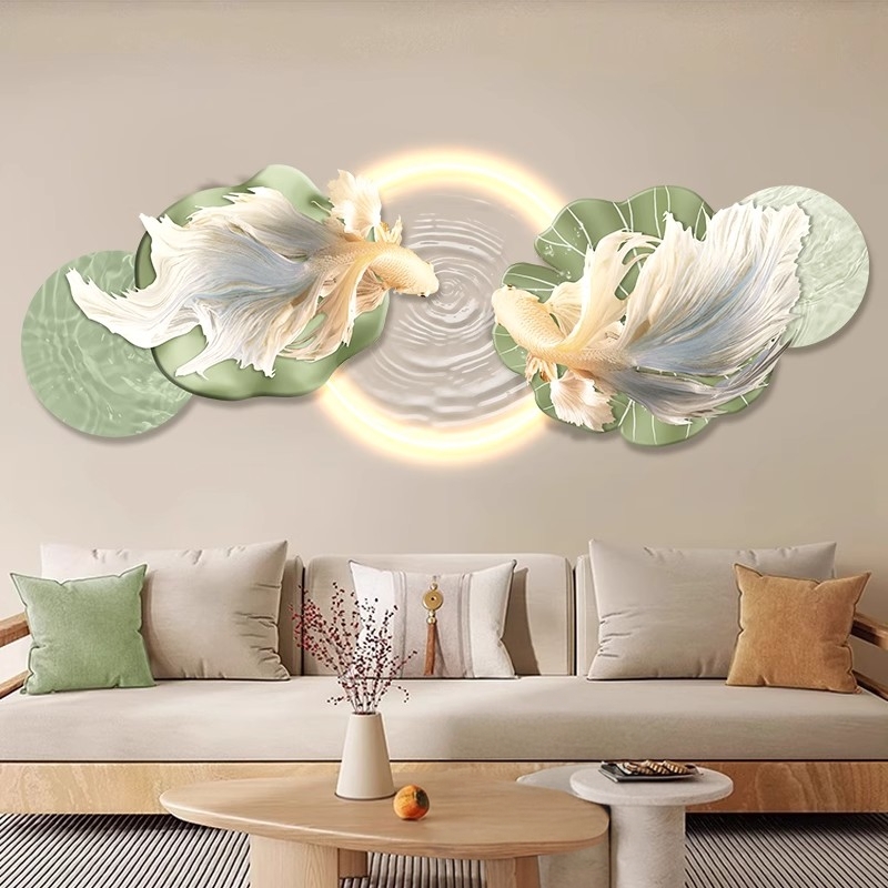 高级感客厅装饰画沙发背景墙画创意荷花发光壁灯画锦鲤寓意好挂画图片